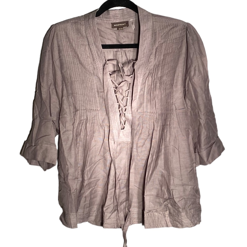 Repeat Gray/Tan Tunic Blouse With Lace Up Front